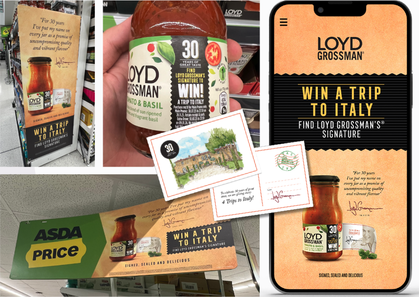 a montage representing the lloyd grossman promotion to win a trip to Italy including on pack and in store POS materials