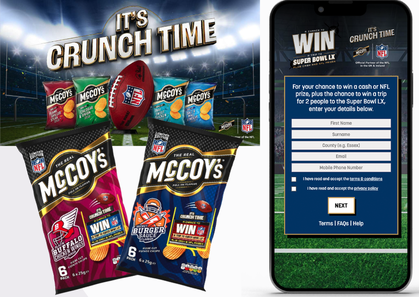 a montage of images representing to NFL crunch time promotion that mccoys crisps are running including on pack and the entry website