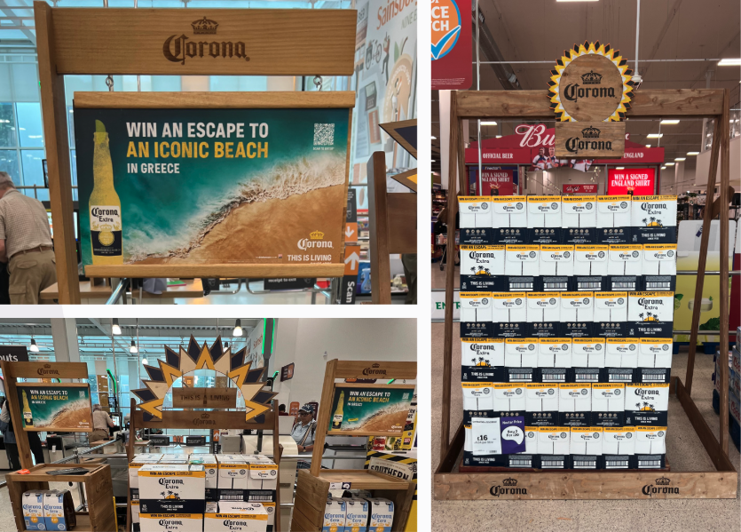 wooden point of sale materials created by corona to be used in grocery stores including an FSDU and pallet frame / header