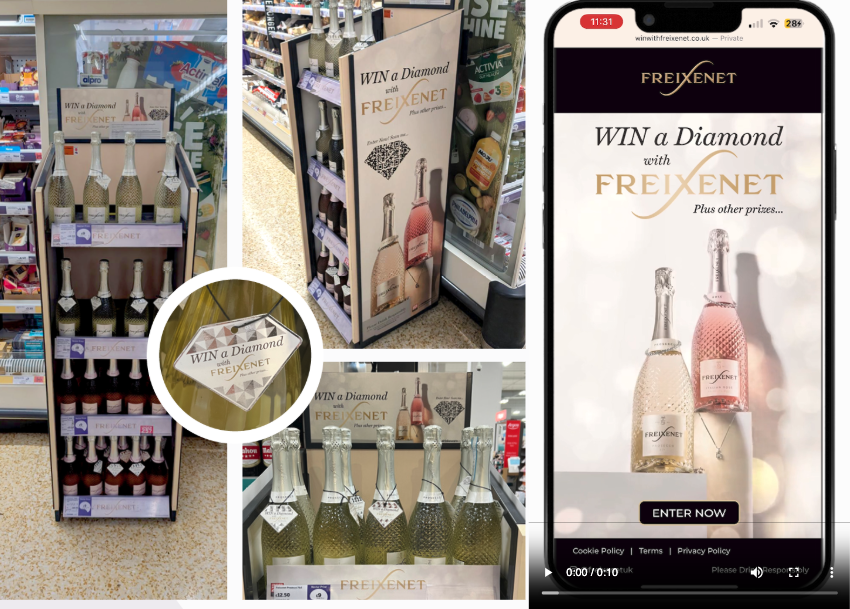 a montage of images of the freixenet win a diamon promotion. Inclusing in store FSDU, on pack neck collar and entry website