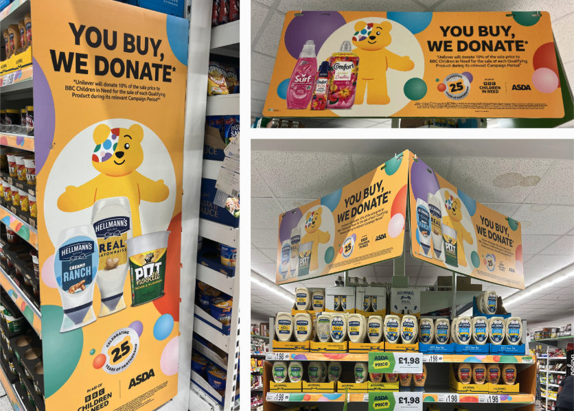 a montage of in store images of the unilever and bbc children in need partnership through asda stores