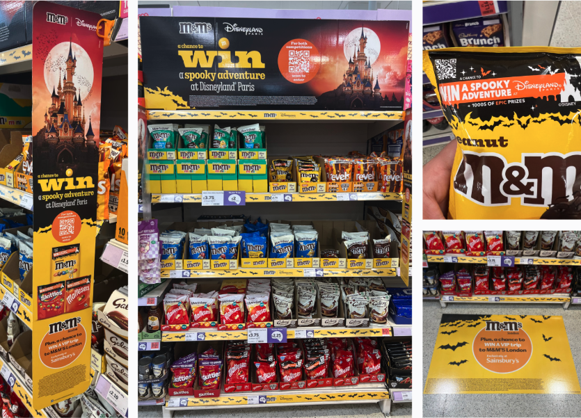 montage of in store images of M&Ms halloween promotion to win a trip to disneyland including on pack, floor stickers, aisle fins