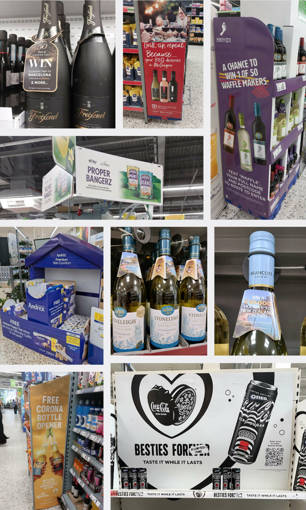 On pack, in store eamples (Freixenet, Heinz, Barefoot, Brancott)