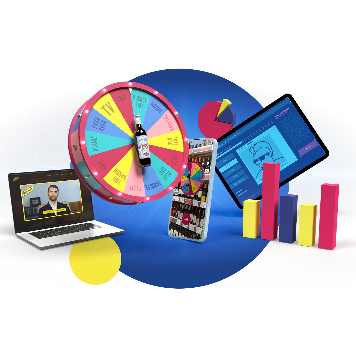 Digital examples of AI avatars, spin to win 3d wheels, gamification, competitions