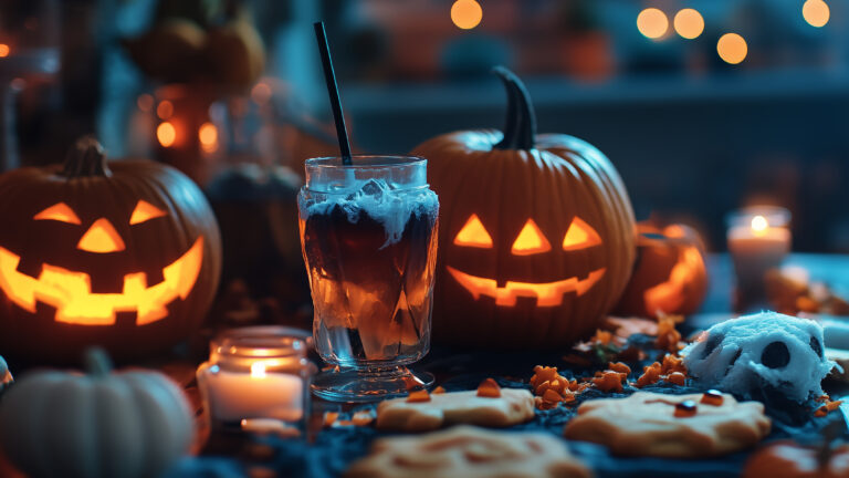 Halloween table setting with a carved pumpkin