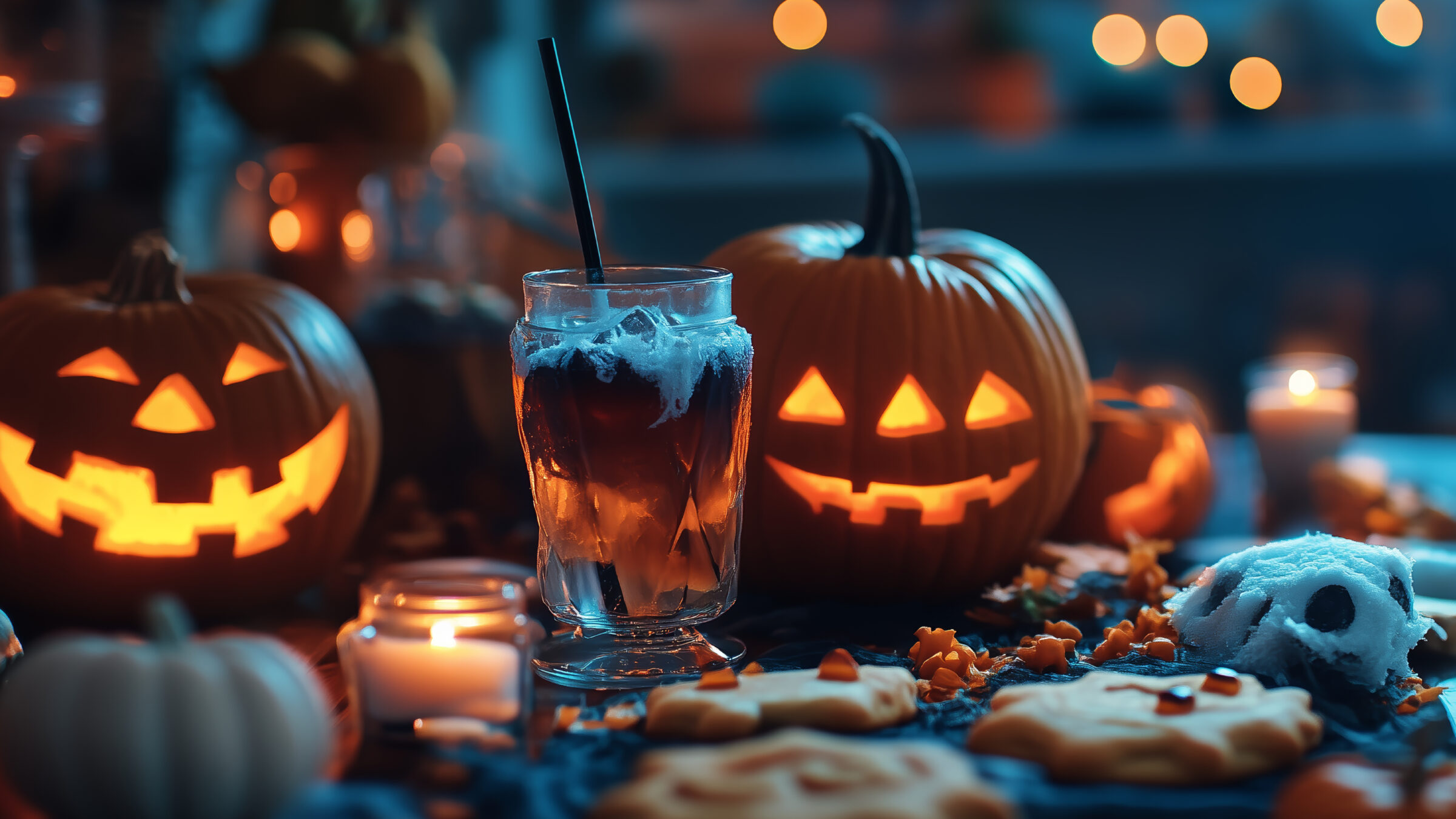 Halloween table setting with a carved pumpkin