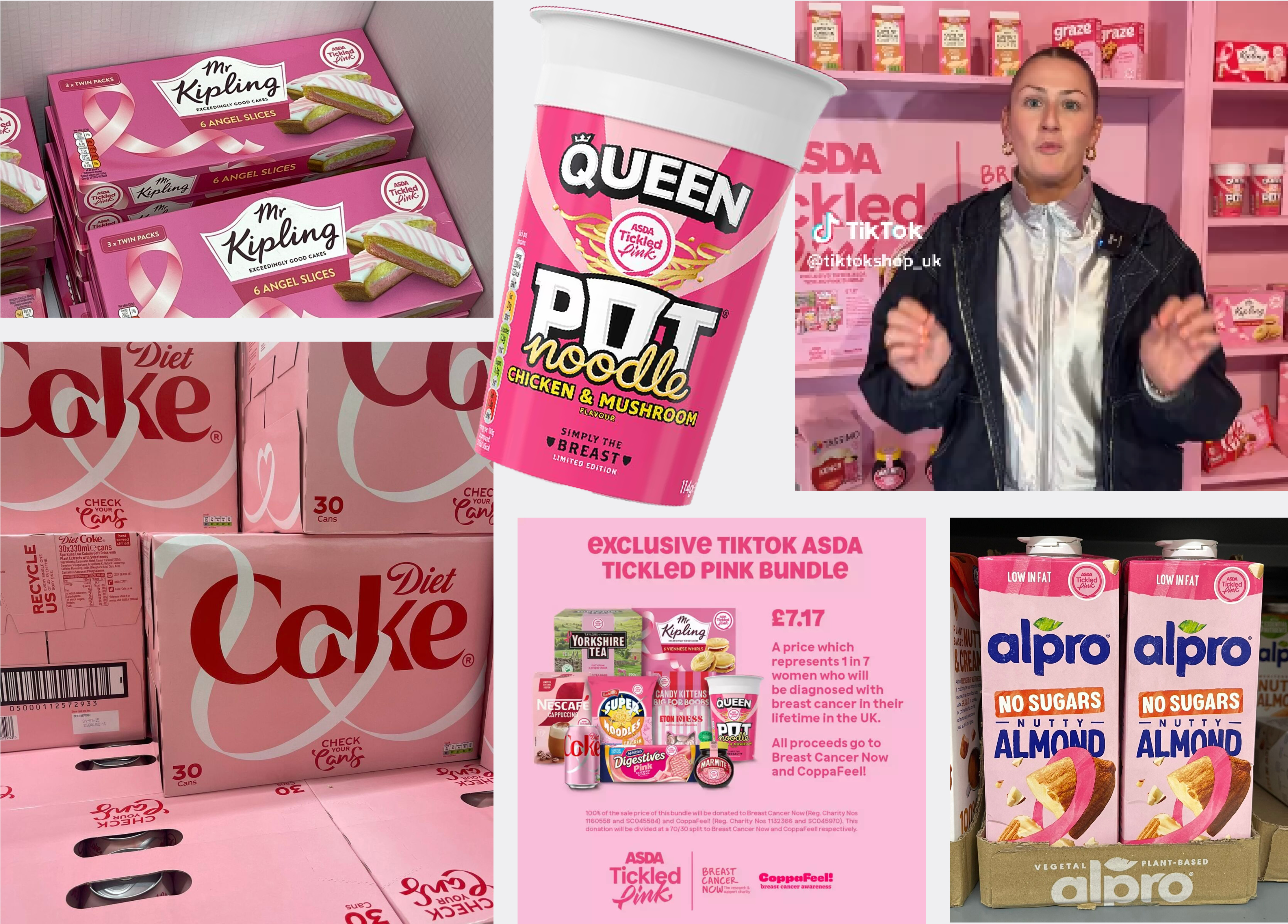 asda tickled pink charity partnership - brand products turned pink and tiktok shop activation