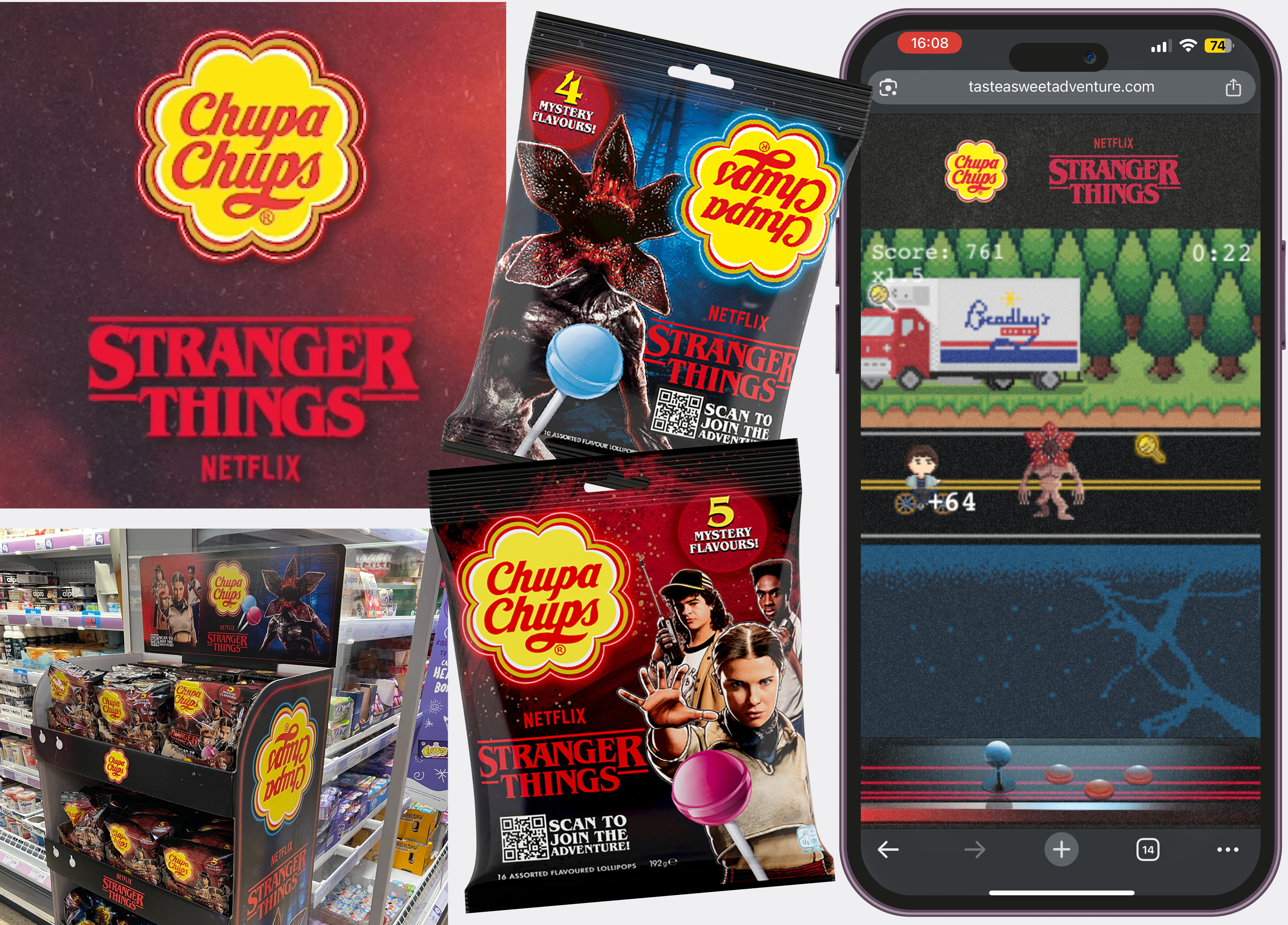 chupa chups images for the stranger things partnership including packagin and the mobile game and in store point of sale