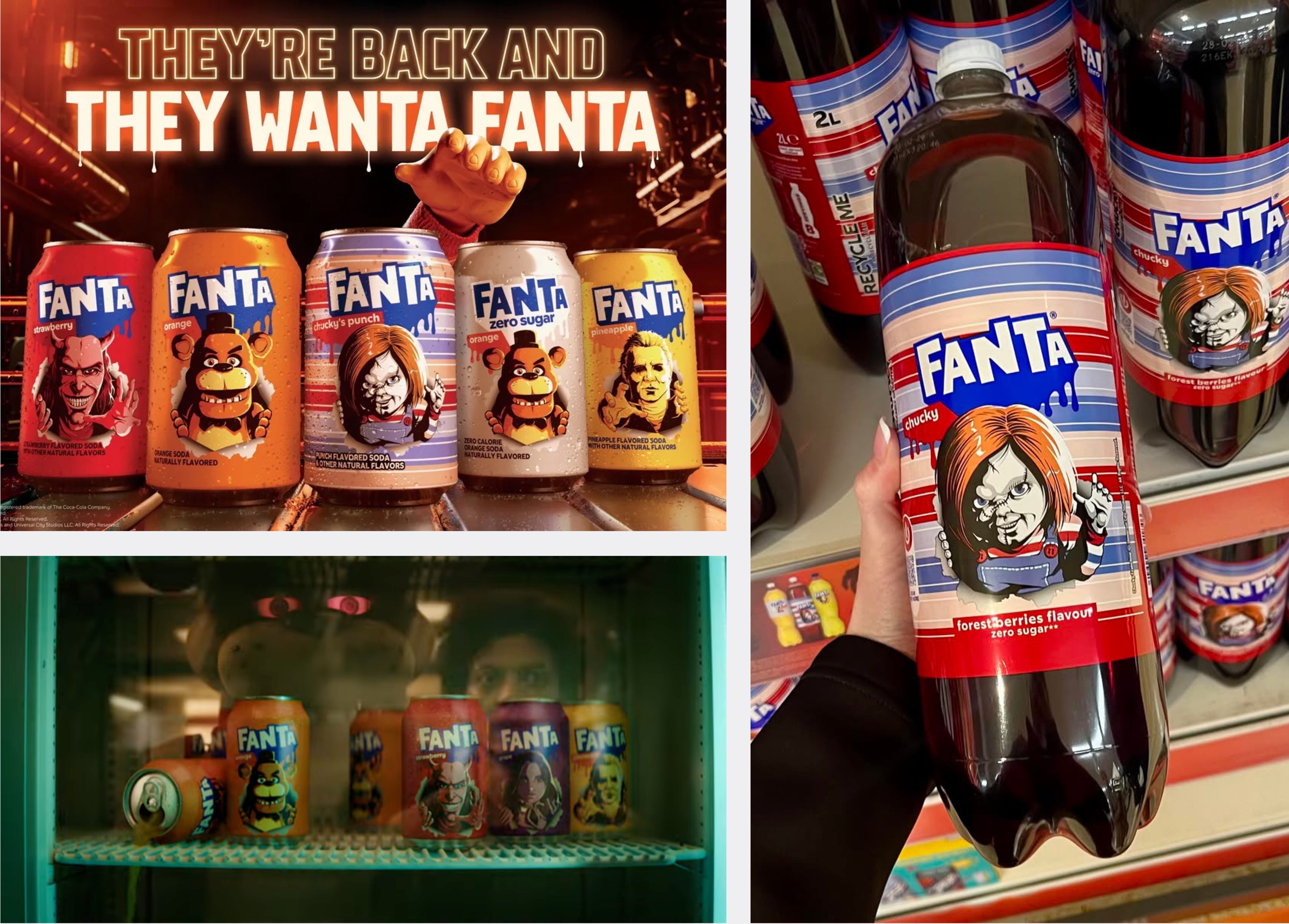 Fanta limite edition halloween products with horror characters on labels for cans and bottles
