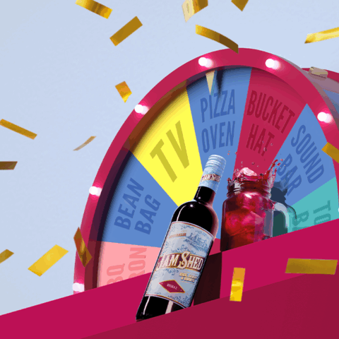 Jam Shed wine bottle and jam jar serve, giant prize wheel showing a 'Pizza Oven' win and gold confetti