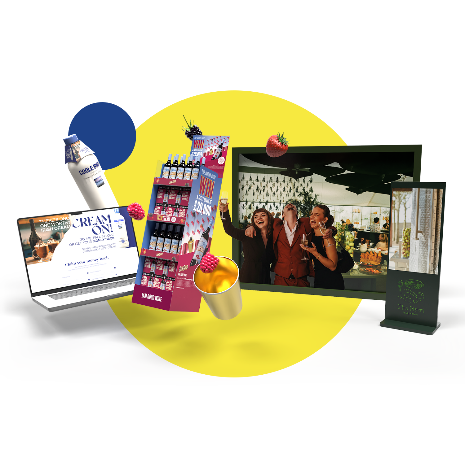 Examples of work, bottle neck collar, shopper FSDU, promotion on a device
