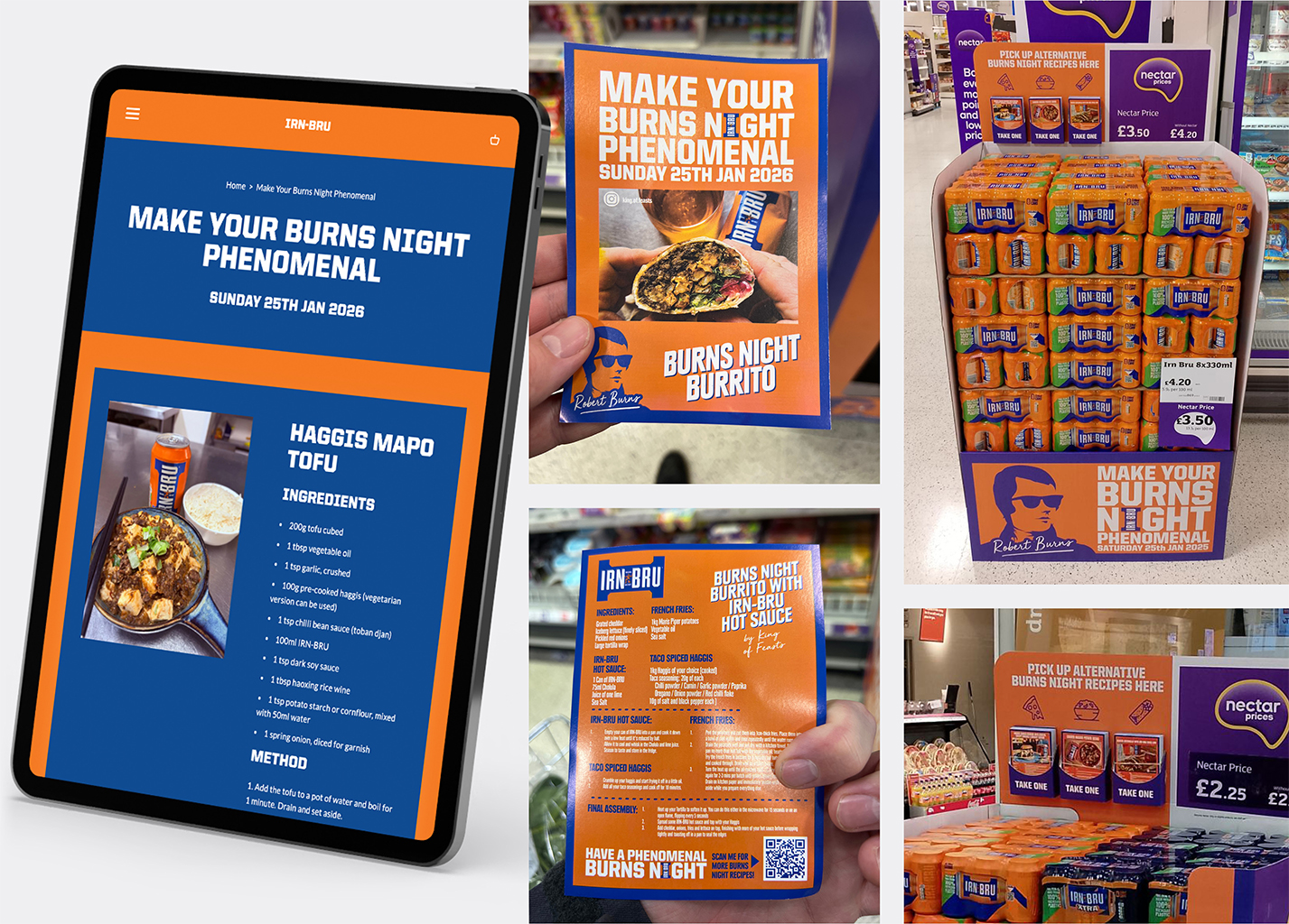 images of irn bru burn's night activation in store including recipe cards