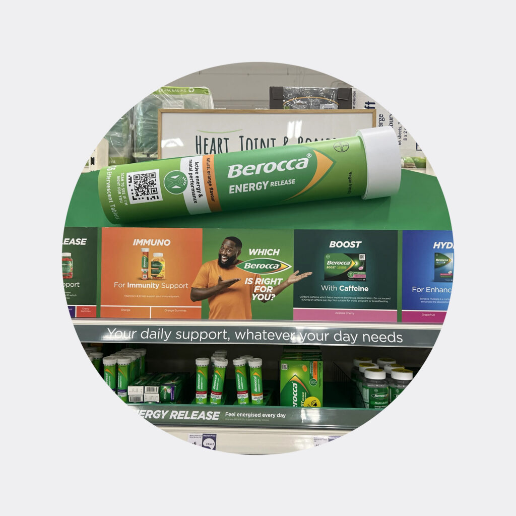 berocca shelf display in store with range eduction