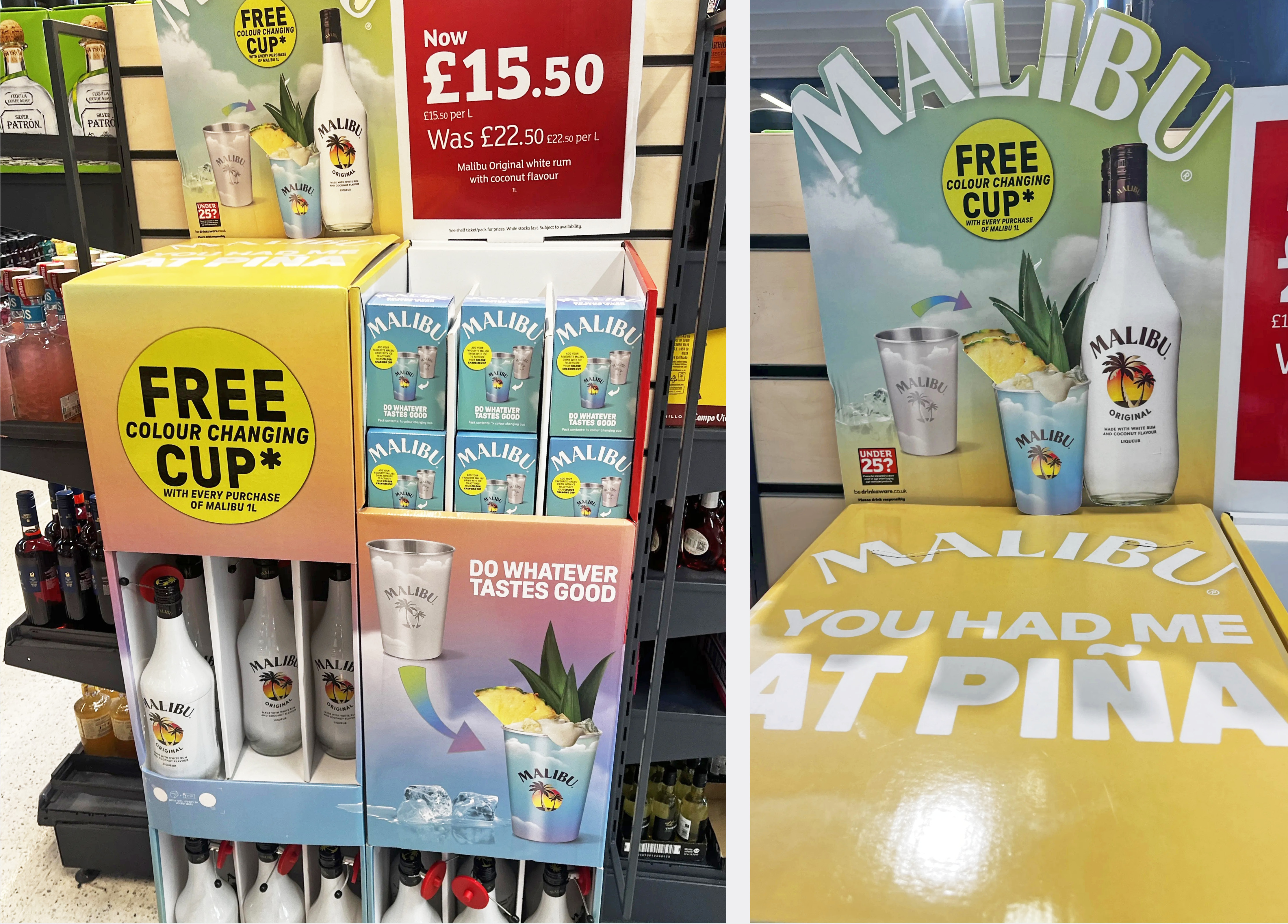 malibu colour changing cup in store point of sale display
